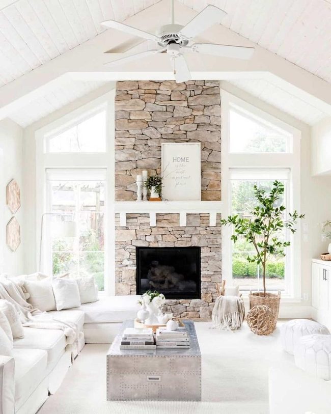 Stone Fireplace Meets Living Green