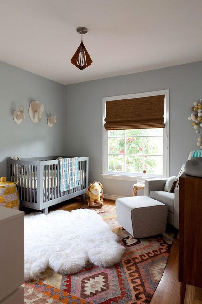 Gray Nursery With Wooden Crib