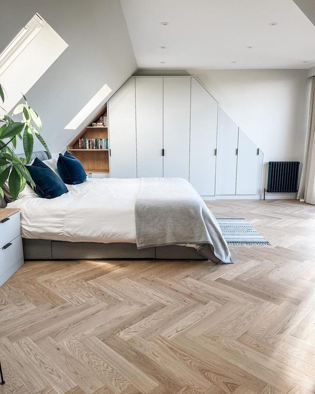 White Herringbone Storage Bedroom