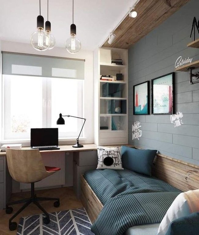 Blue-Gray Bedroom Three Globe Lights