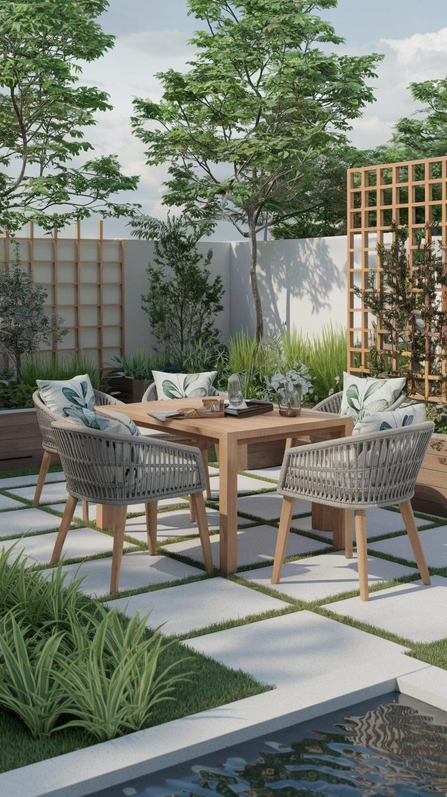 Nature-Inspired Timber Table Among Living Plants