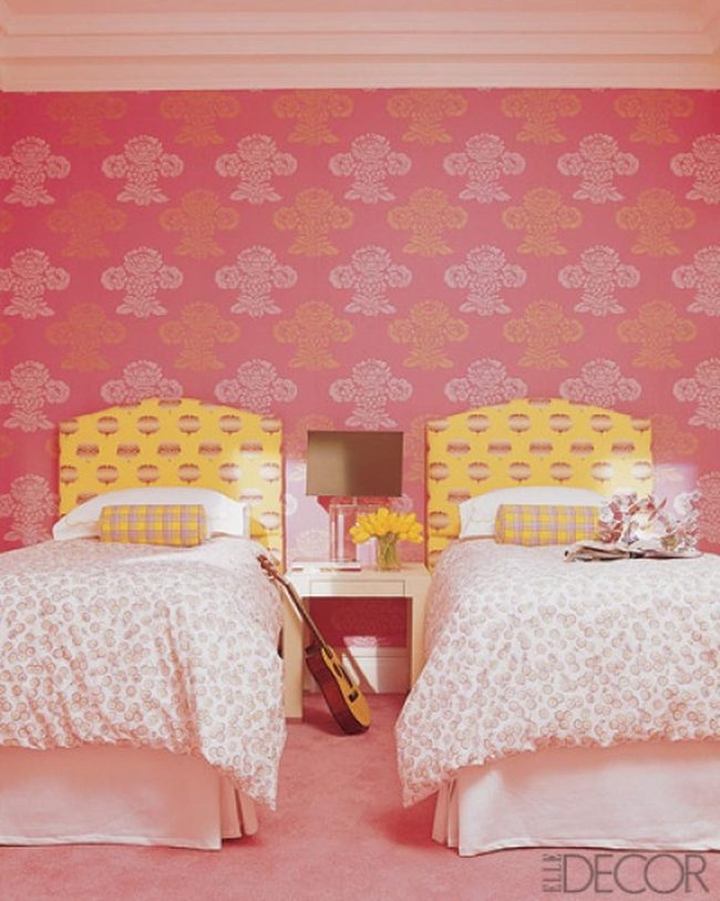 Yellow Headboards, Pink Patterned Bedroom