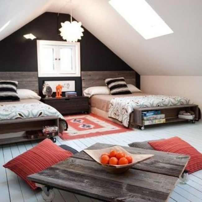 Red Cushions, Dark Walls, White Floors