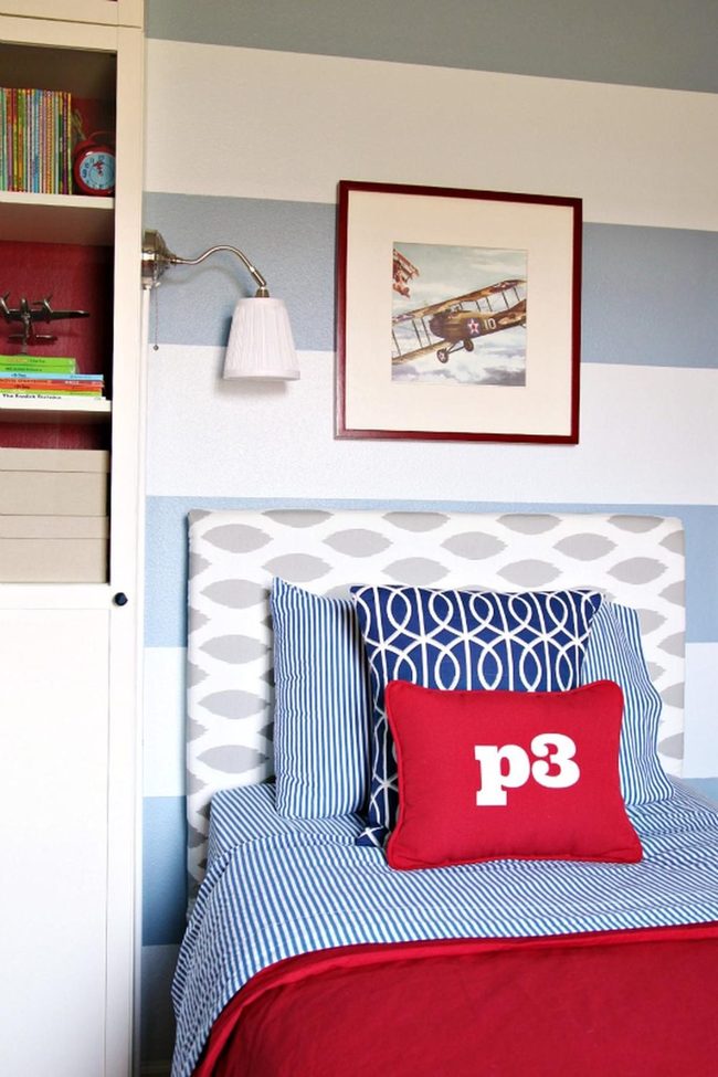 Blue Stripe Red Accent Bedroom