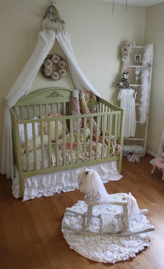 Light Green Nursery with Flowing White Canopy
