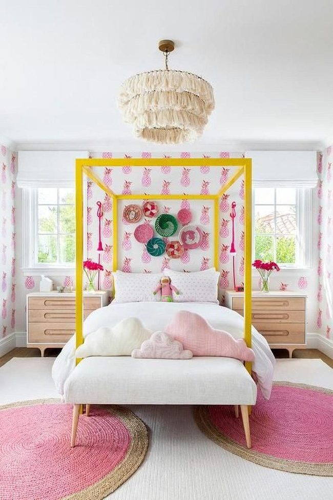 Yellow Canopy Pink Pineapple Bedroom