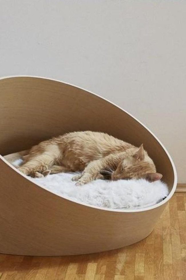 Light Wood Cat Bed, White Cushion