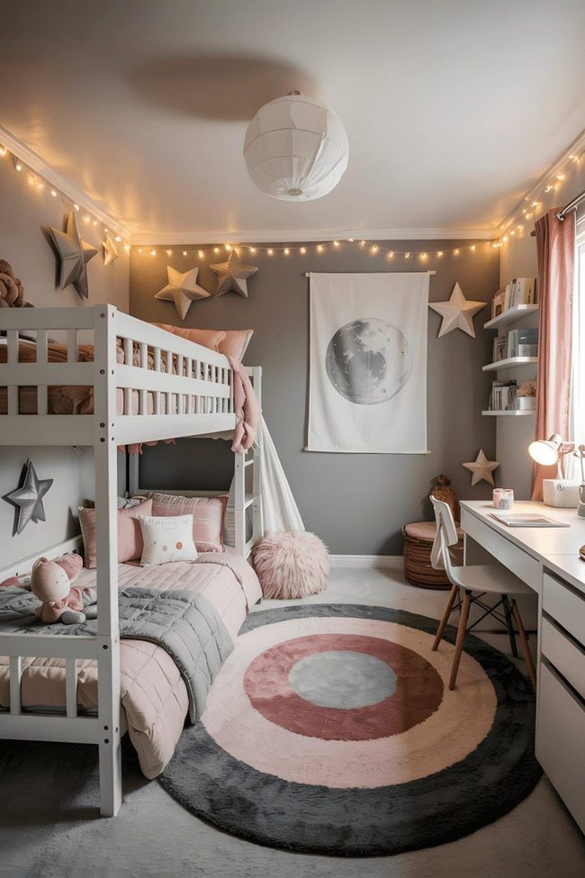 Pink Gray Bunk Bed With Celestial Lights
