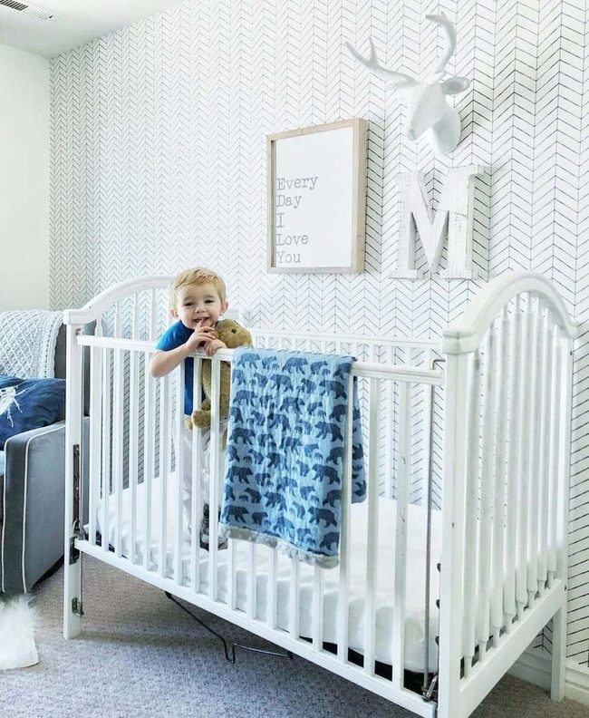 White Spindle Crib, Gray Chevron Nursery