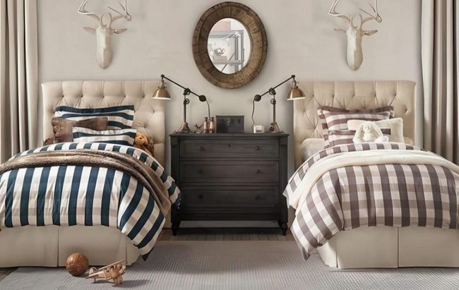 Twin Beds, Striped Bedding, Wooden Dresser