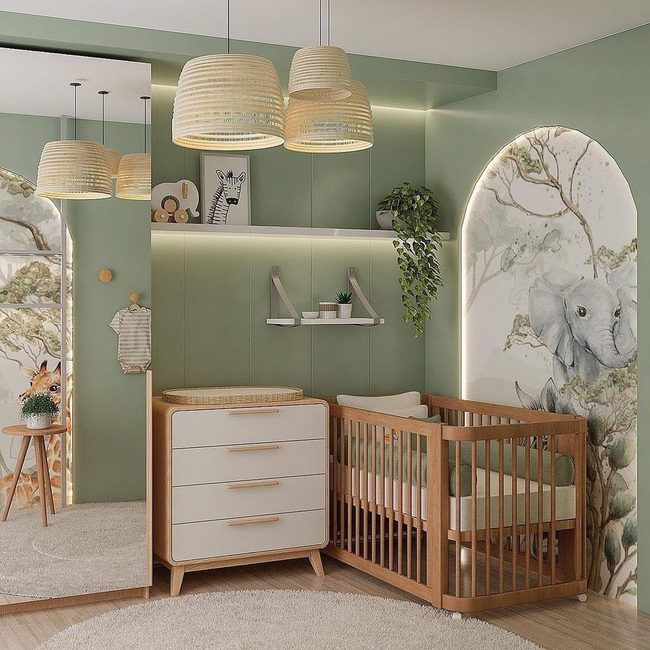Green Nursery With Woven Pendant Lights