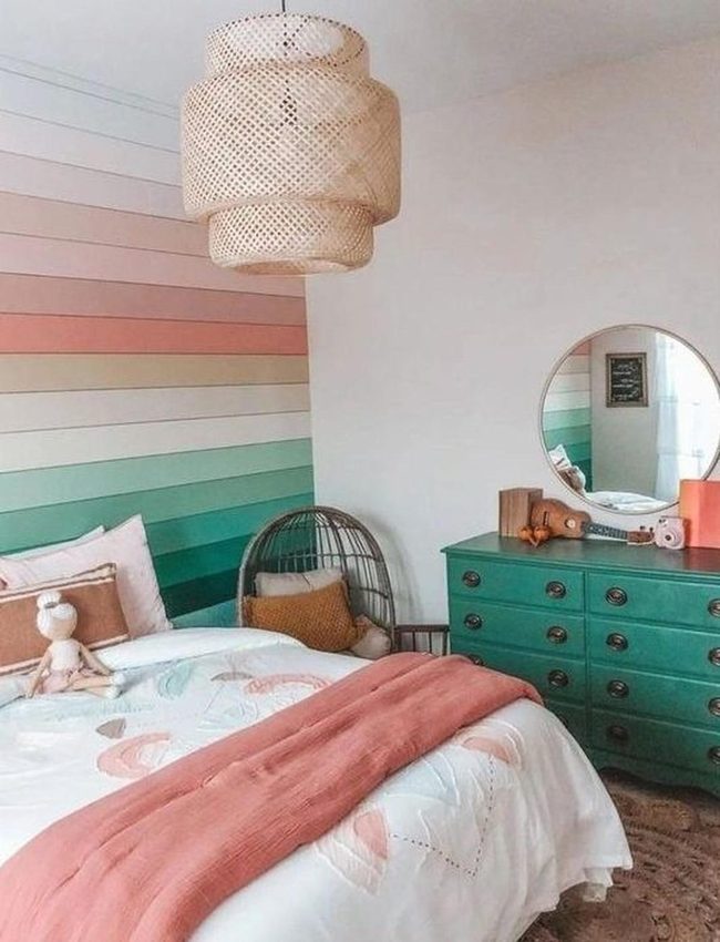 Green Pink Striped Bedroom