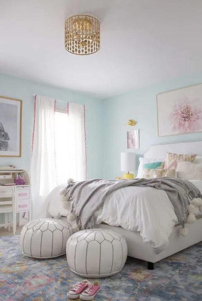 Light Blue Bedroom With Red Curtains
