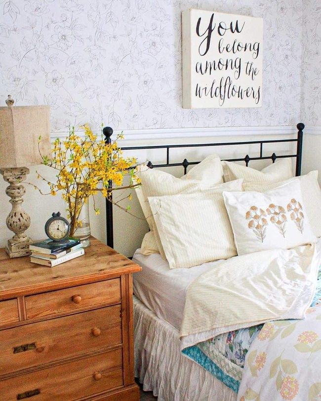 Floral Gray Walls, Vintage Iron Bed