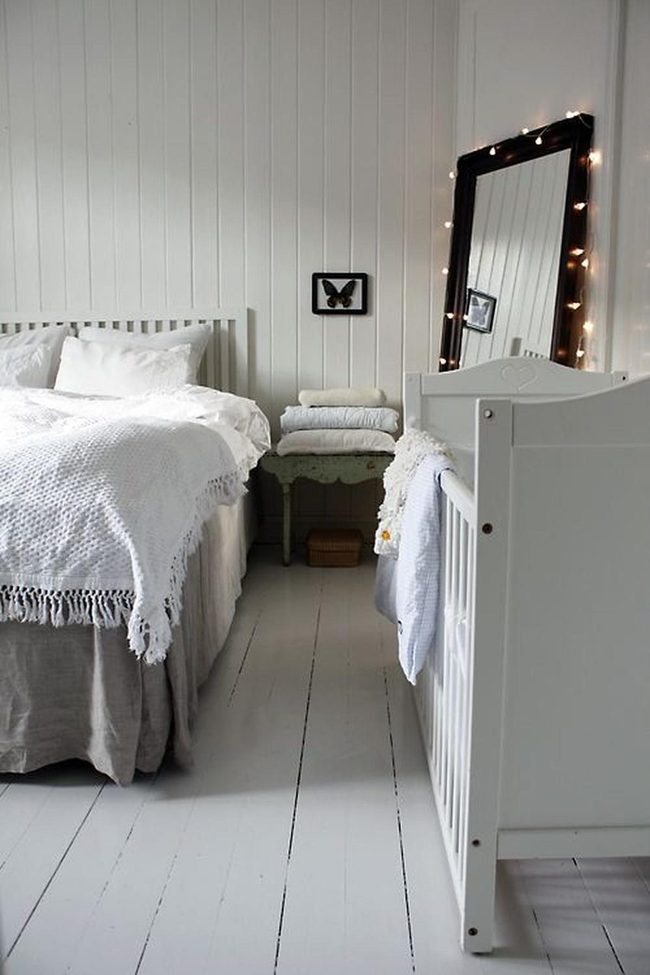 White Walls, Fairy Lights, Green Accent
