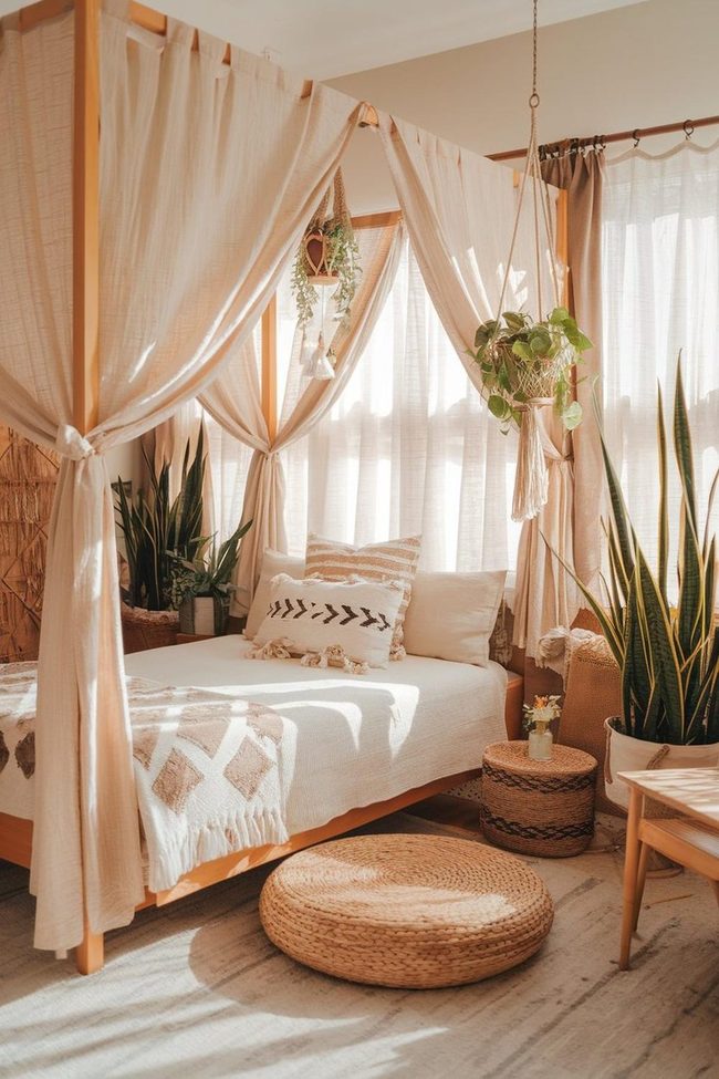 Golden Glow Through Sheer Botanical Drapes