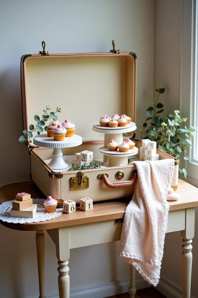 Stacked Vintage Suitcases With Desserts