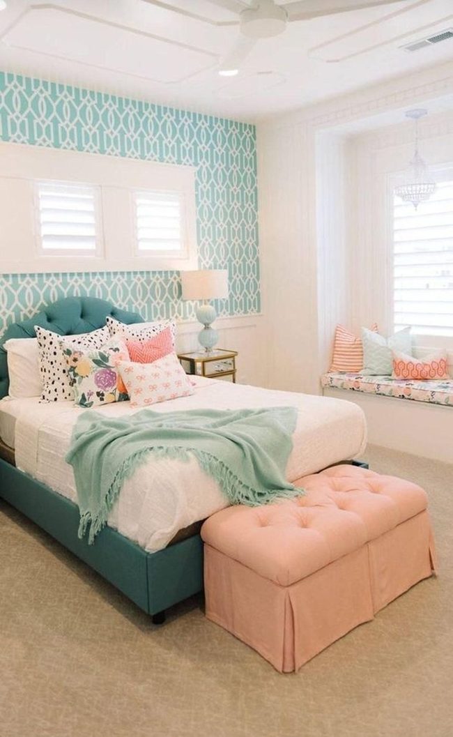 Patterned Teal Bedroom With Soft Pastels