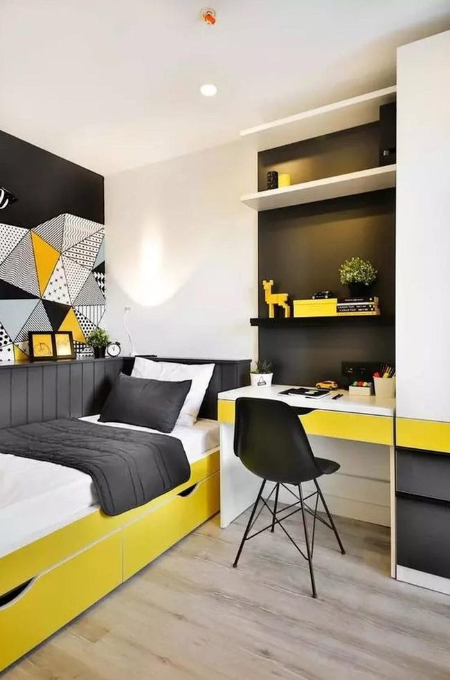 Yellow Walls, Black Geometry Bedroom