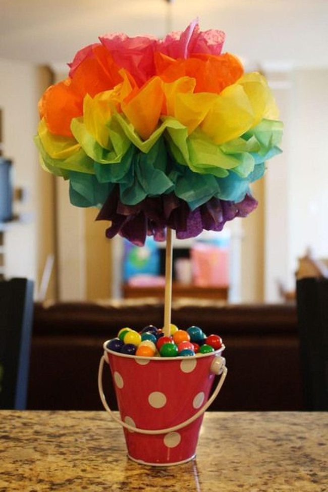 Rainbow Paper Flowers, Red Bucket
