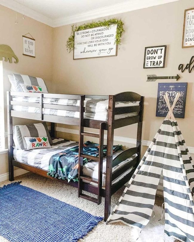 Stained Wood Bunk With Striped Tent