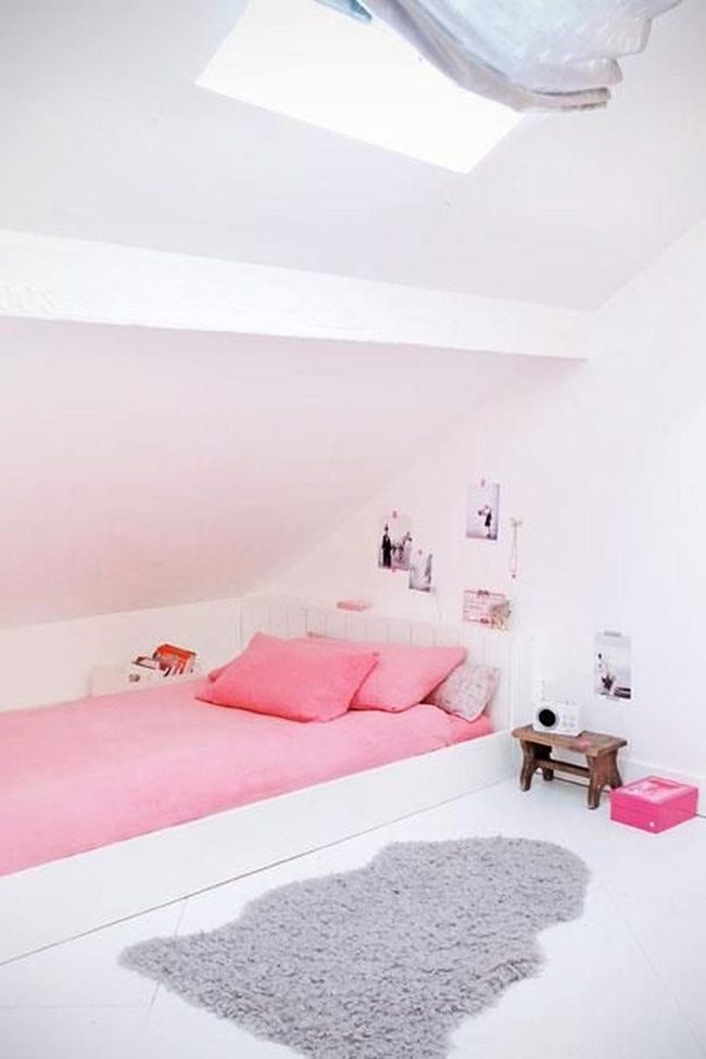 Pink Bedspread White Skylit Bedroom