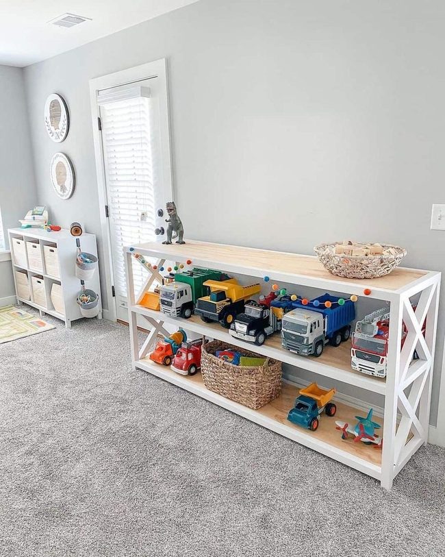 Sunlit Gray Playroom Organization