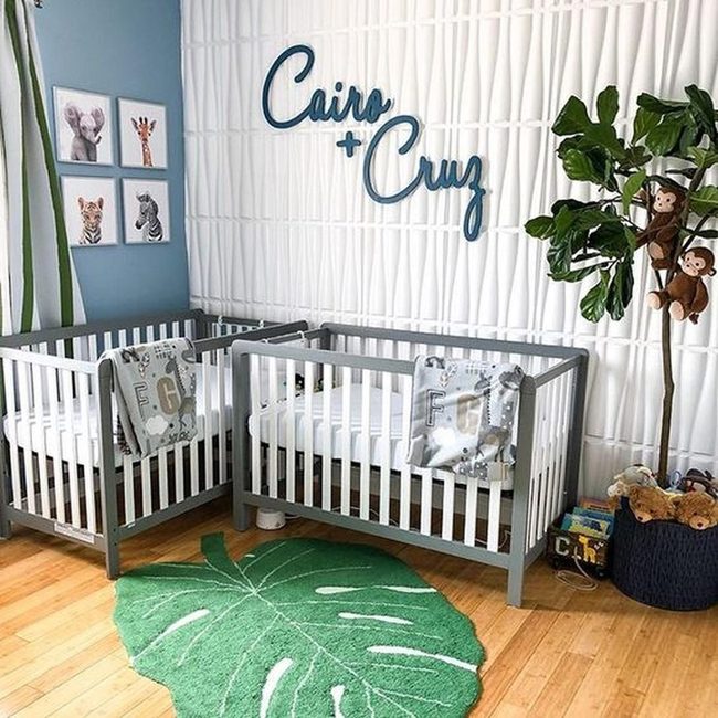 Blue Walls, Gray Cribs, Green Leaf Rug