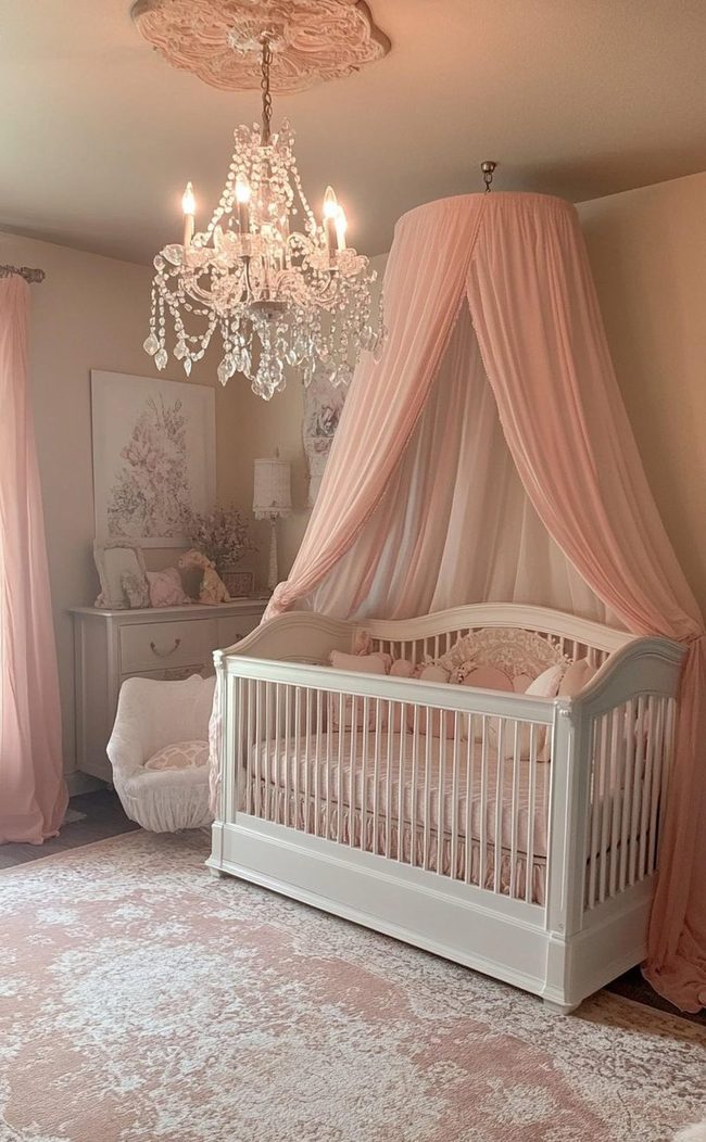 Pink Draped Nursery with Chandelier