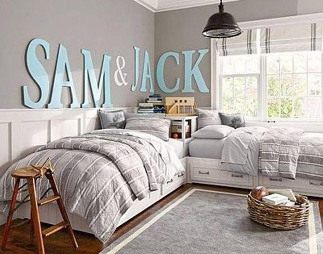 Twin Beds, Gray Stripes, Blue Names