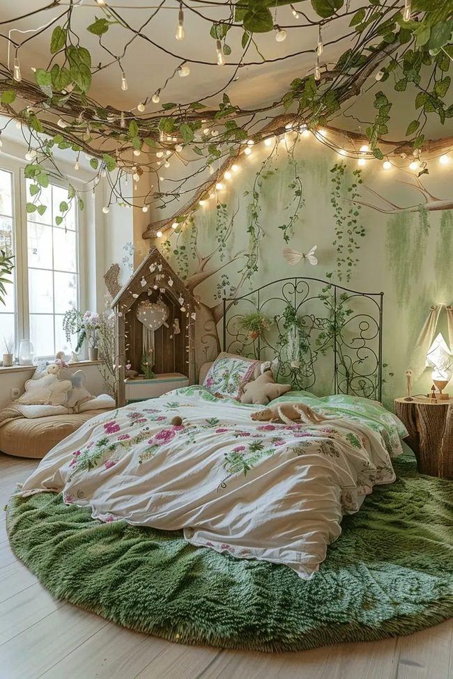 Leafy Bedroom, Soft Florals, Warm Lights