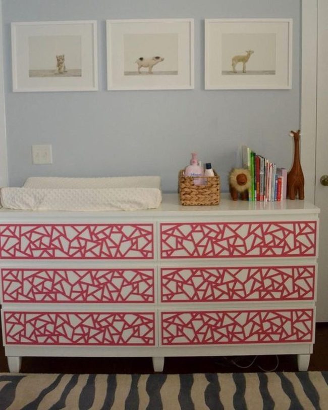 Pink Geometric Bedroom With Wicker Accents