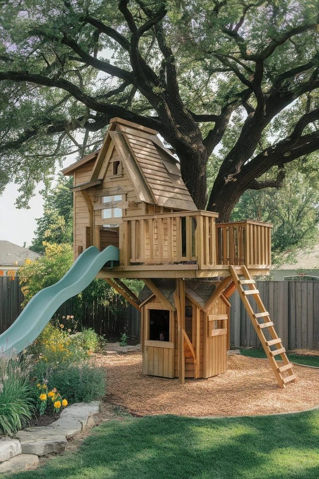 Wooden Tree Platform With Slide