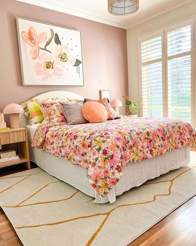 Pink Walls, Floral Bedding, Wood Warmth