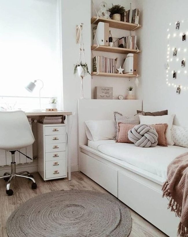 Draped Lights Pink Gray Bedroom