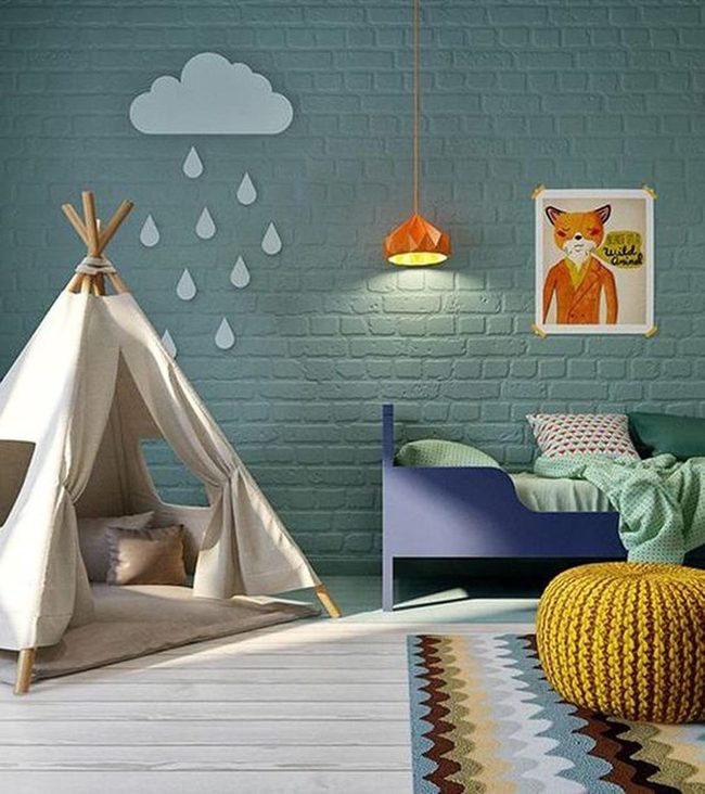 Blue Brick Playroom With Teepee
