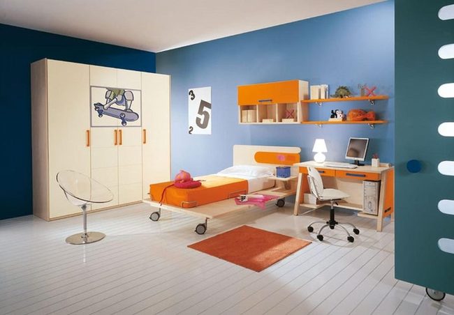 Orange Wheeled Bed, Blue Walls
