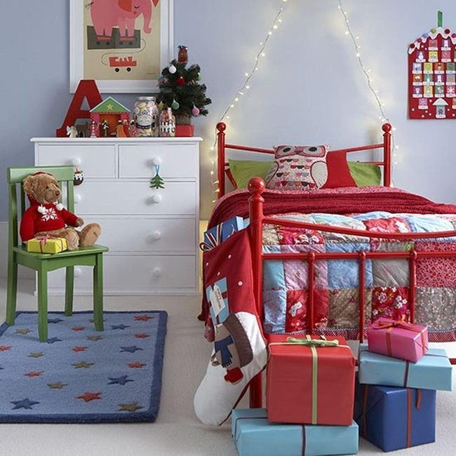 Red Bed Beneath Twinkling Lights