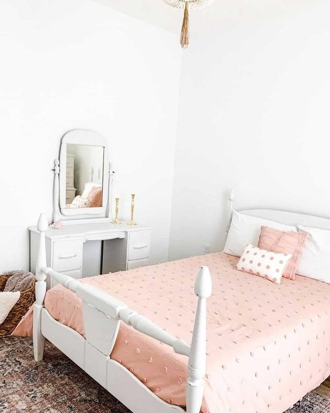 White Vanity Pink Farmhouse Bedroom