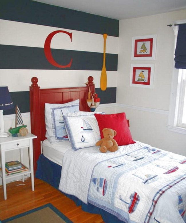 Red Headboard Sailboat Bedroom
