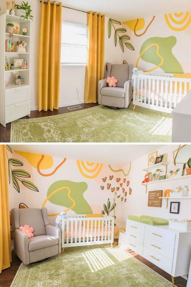 Yellow Green Hand-Painted Leafy Mural