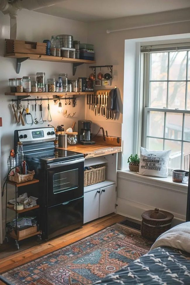 Wooden Shelves, Sunlit Kitchen