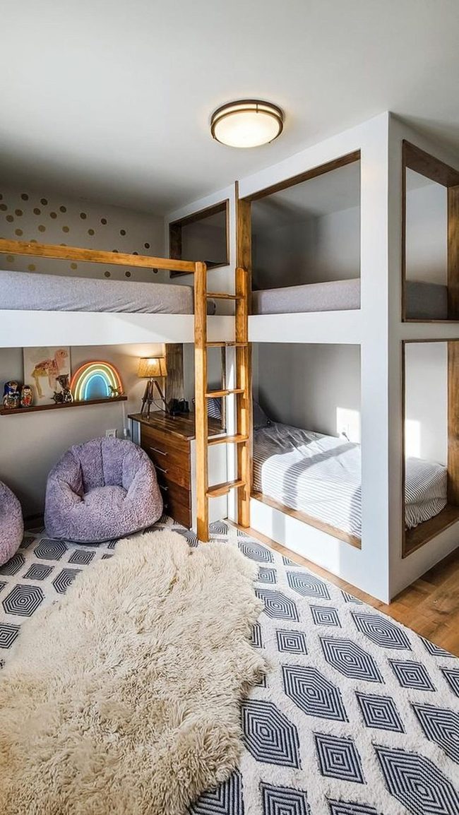 Wooden Bunk Beds, Purple Accents