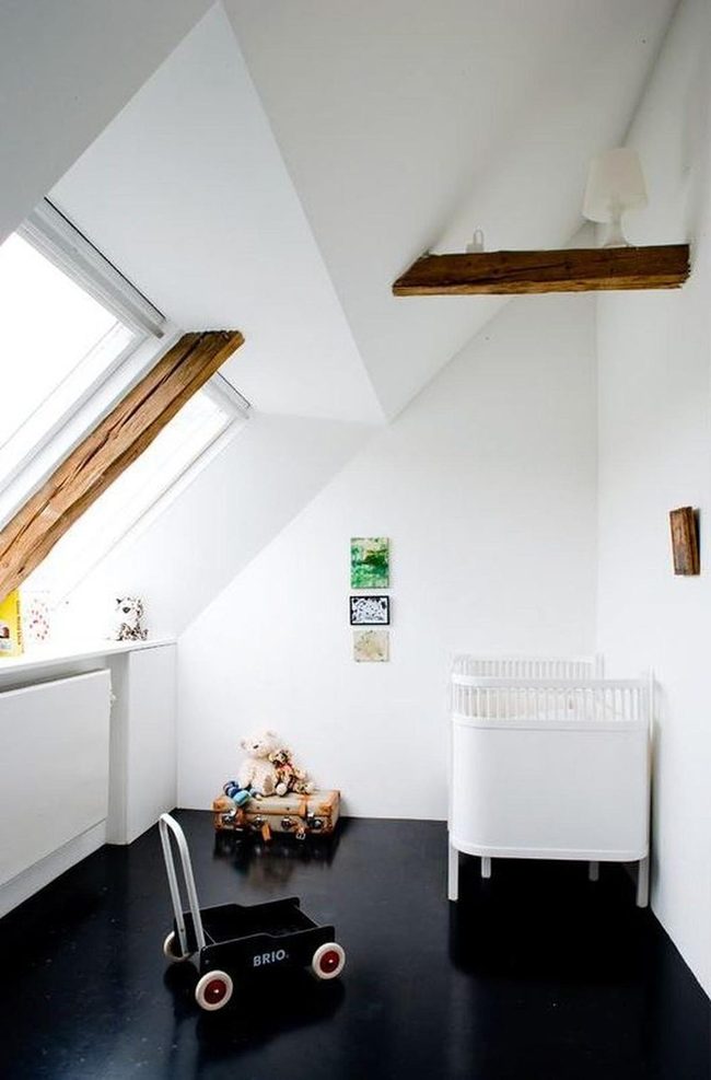 Sunlit Nursery, Dark Floors, Wooden Beams