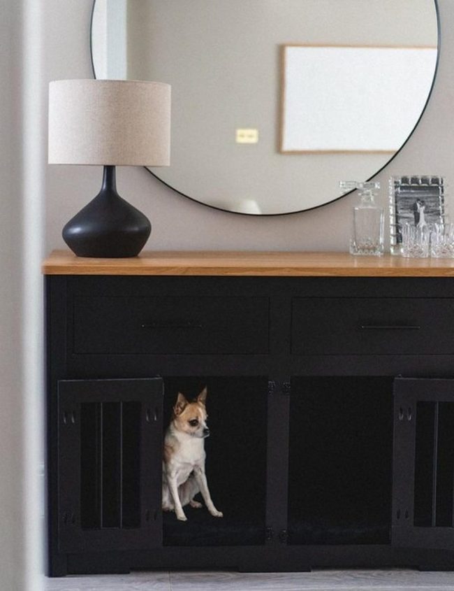 Black Wood Storage With Round Mirror