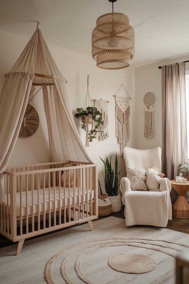 Cream Canopy Crib with Woven Walls