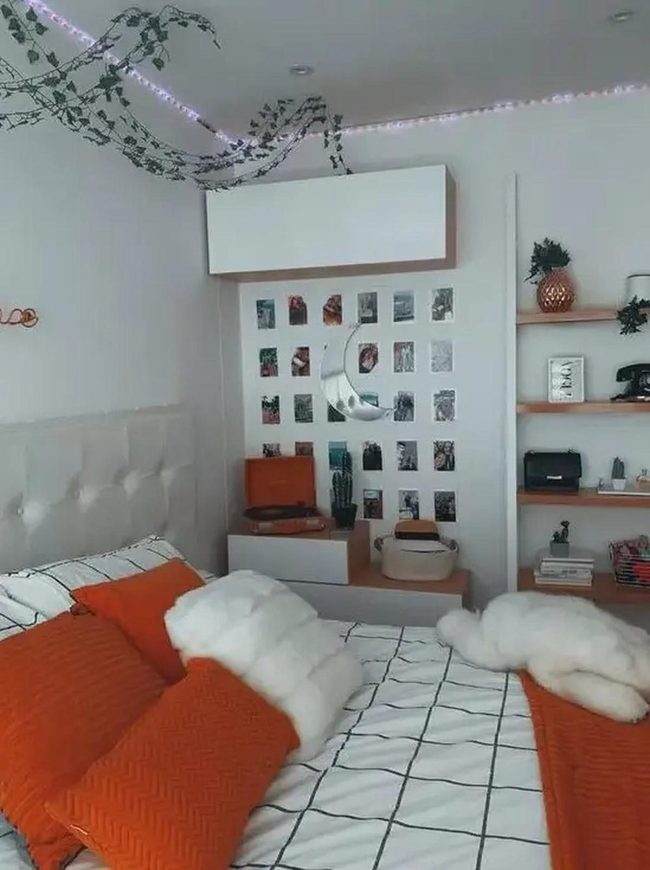 Orange Pillows Black Checkered Bedroom