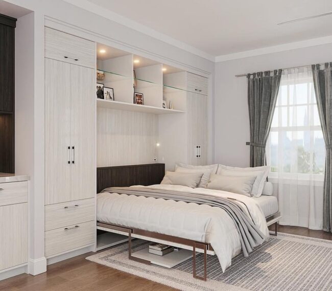 Pale Wood Murphy Bed with Generous Storage
