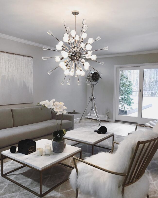 Radiant Grey Sofa with Stunning Chandelier
