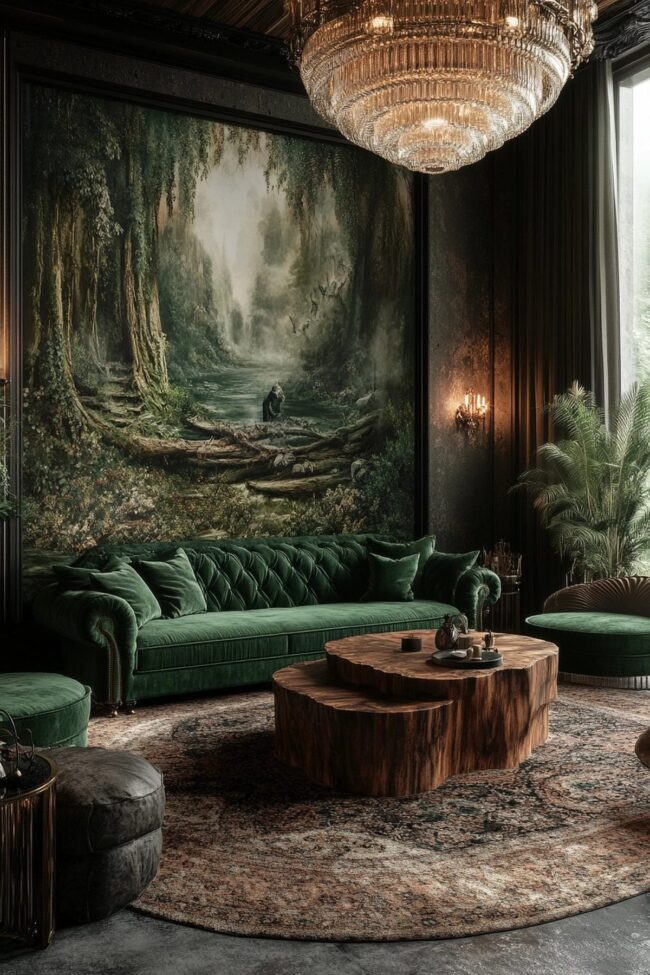 Forest Oasis with Velvet Seating and Greens
